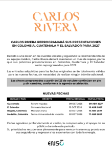 Carlos Rivera reprogramó sus conciertos en Colombia, Guatemala y El Salvador