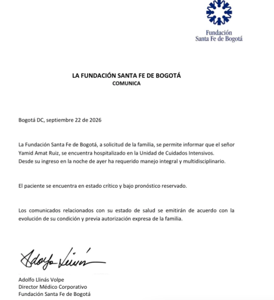 Yamid Amat permanece en UCI con pronóstico reservado en Bogotá.