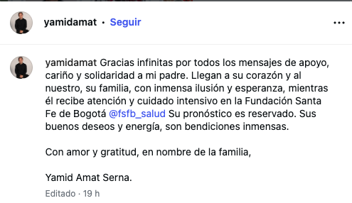 El hijo de Yamid Amat agradeció los mensajes de apoyo y pidió mantener la esperanza por la salud del periodista.