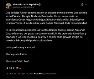 El presidente Abelardo de la Espriella condenó el ataque contra una patrulla de Policía en Norte de Santander.