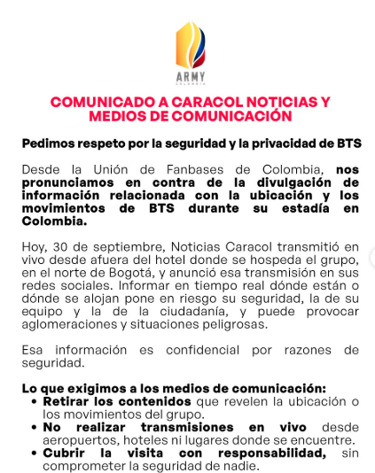 La Unión de Fanbases de BTS en Colombia pidió respetar la privacidad y seguridad del grupo durante su estadía en Bogotá.