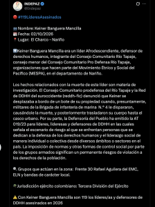 Indepaz, vía X