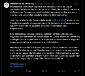 Defensoría del Pueblo, vía X