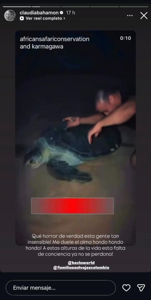 Claudia Bahamón expresó su indignación tras ver un video en el que un hombre aparece sobre una tortuga marina.